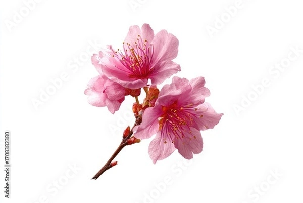 Fototapeta Close-up of three delicate pink blossoms on a branch, isolated against white