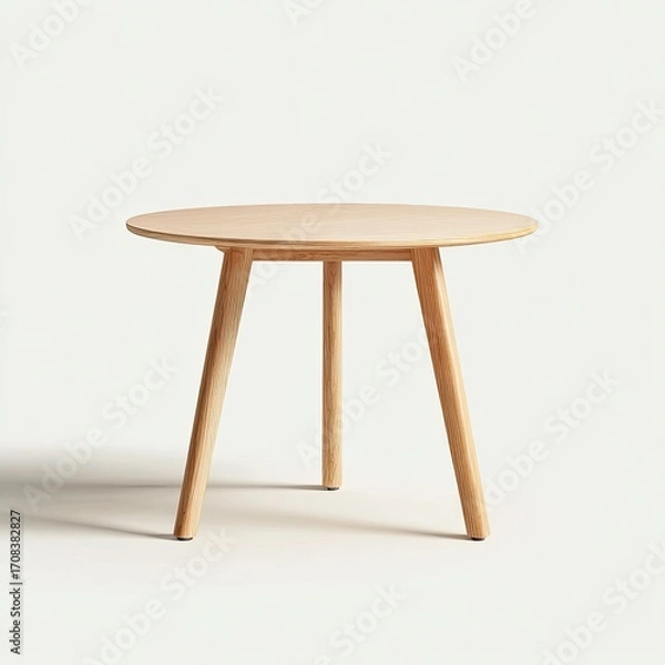 Fototapeta Simple, round wooden table.  A light beige, round, wooden table with four simple, straight legs.  Clean lines and minimalist aesthetic