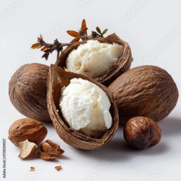 Fototapeta Creamy white shea butter in dried, brown, nut-like shells