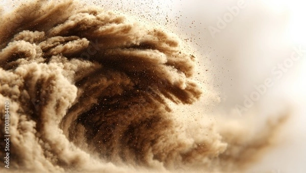 Fototapeta A powerful wave of beige sand erupts, swirling and billowing against a bright white background.  The texture is detailed, showing the fine particles of sand in the air
