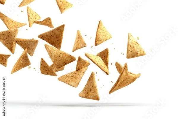 Fototapeta Triangle-shaped snacks, light golden color, falling in mid-air