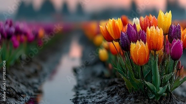 Fototapeta Scenic tulip garden with mountains in background high resolution picture