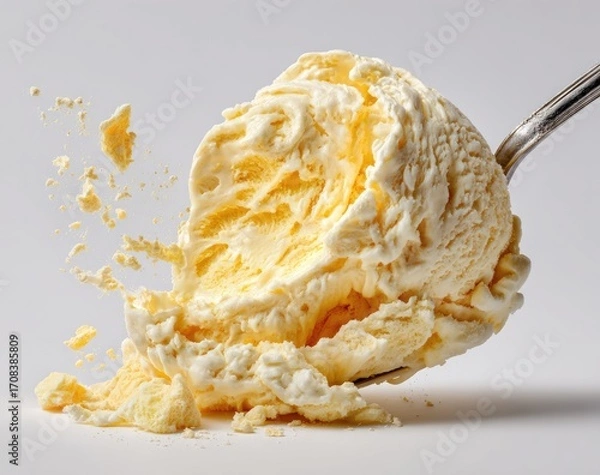 Fototapeta A scoop of light yellow ice cream falling from a spoon, with scattered pieces