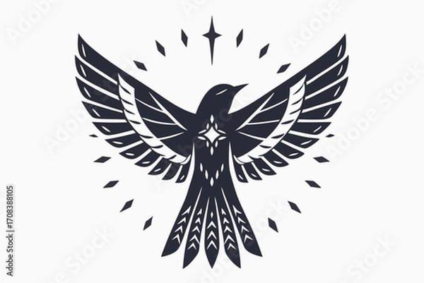 Fototapeta Stylized black soaring bird spreads its wings amidst shining starbursts and diamond particles here