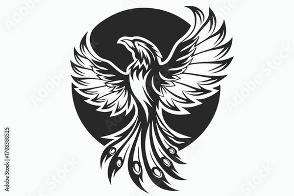 Fototapeta Stylized phoenix with tribal feathers spreads its wings against a dark oval background