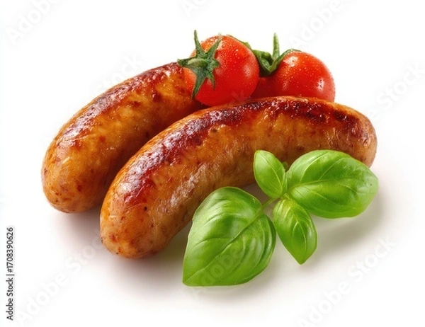 Fototapeta Two cooked sausages, browned and slightly crispy, rest on a white background. Fresh basil leaves and small, red cherry tomatoes are arranged beside them