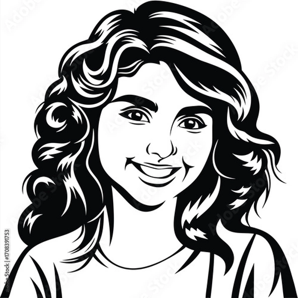 Fototapeta Smiling young woman with curly hair, outlined in black, displays an inviting and friendly expression