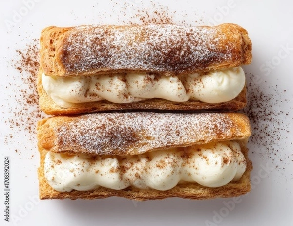 Fototapeta Two pastries, topped with a dusting of cocoa powder, sit side-by-side on a white background.  Each pastry displays a creamy, light-yellow filling, nestled within a flaky, golden-brown pastry shell