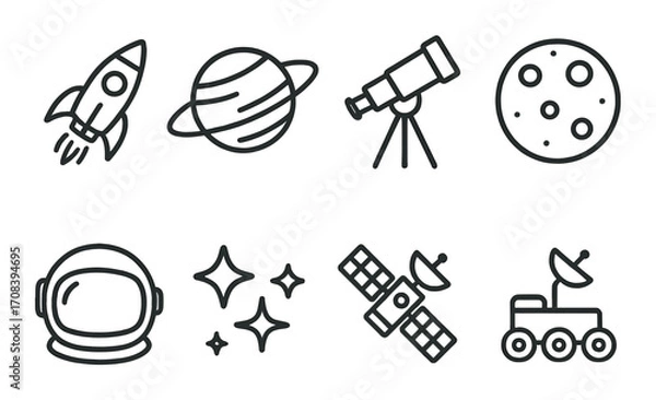 Obraz Space icons: rocket, planet, telescope, moon, astronaut, stars, satellite, rover