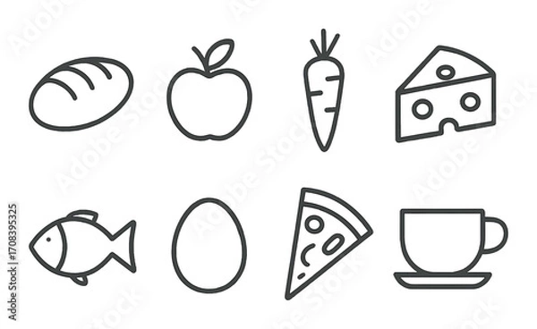 Obraz Minimalist food icons: bread, apple, carrot, cheese, fish, egg, pizza, cup on brown background