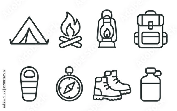 Obraz Camping icon set featuring tent, campfire, lantern, backpack, sleeping bag, compass, boots, and canteen