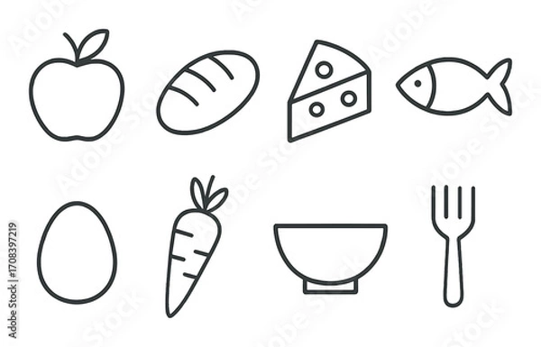 Obraz Healthy food icons set featuring apple, bread, cheese, fish, egg, carrot, bowl, and fork