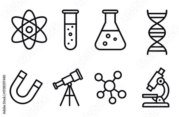 Obraz Science icons set featuring dna, microscope, and chemistry symbols on dark background
