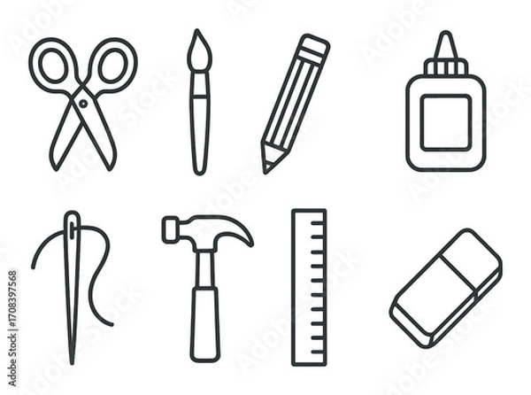 Fototapeta Outline of craft tools: scissors, paintbrush, pencil, glue, needle, hammer, ruler, eraser
