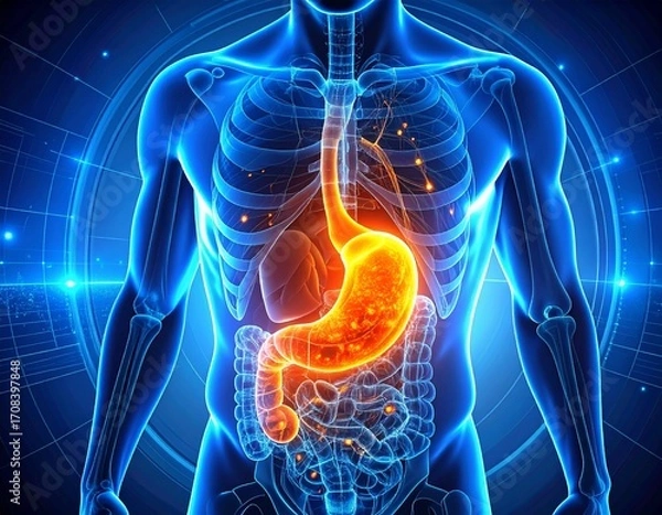 Fototapeta Digital 3D gastrointestinal medical concept showing acid reflux in glowing stomach scan with futuristic data interface, blue holographic healthcare visualization for digestive system anatomy editorial