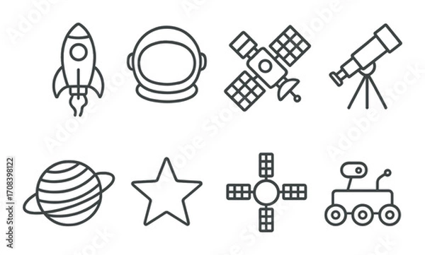 Obraz Space exploration icons: rocket, astronaut, satellite, telescope, planet, star, rover