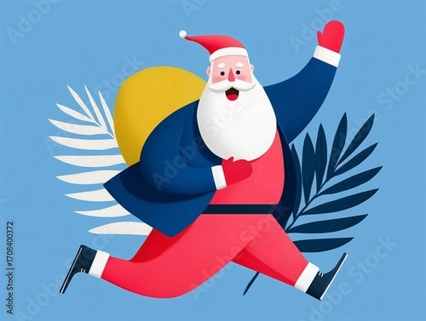 Fototapeta Santa Claus with a big white beard and red suit running quickly and waving joyfully with a cheerful expression, embodying the excitement and rush of the Christmas season.