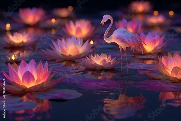 Fototapeta Enchanting flamingo stands serenely amidst glowing lotus flowers on tranquil water at twilight, evoking magical tranquility and natural wonder.