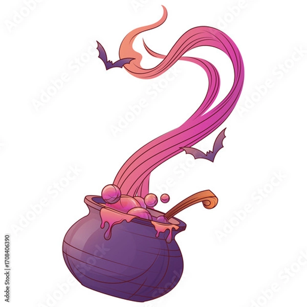 Obraz Vector illustration of halloween cauldron with pink smoke and bats. Spooky potion bubbling in witch pot, creepy magical element for october holiday design.  For Halloween design