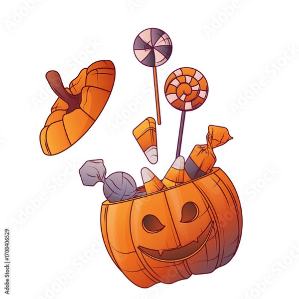 Fototapeta Vector illustration of halloween pumpkin bucket full of candies. Trick or treat. Spooky festive container with lollipops and sweets. Illustration for Halloween design and decoration.