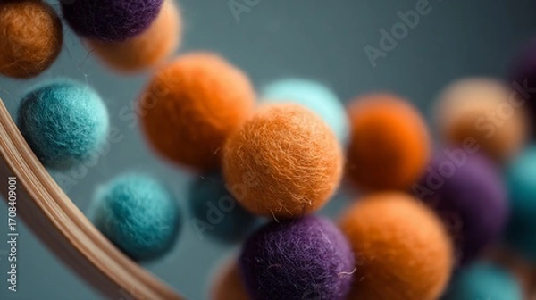 Obraz Close-up of colorful wool pom-poms on a wooden hoop