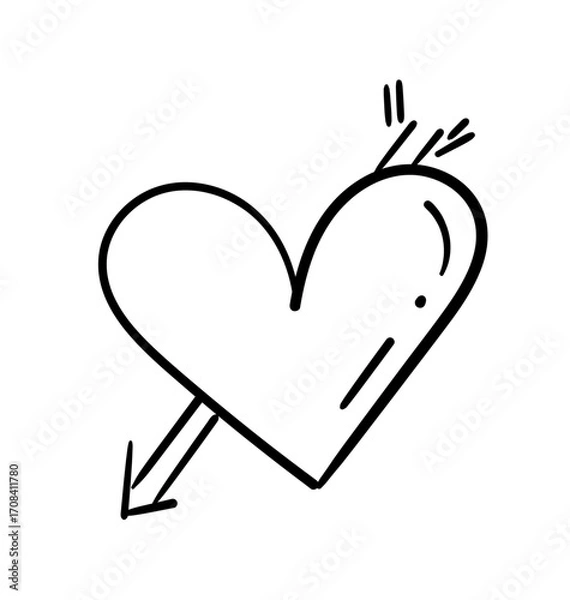 Fototapeta Pierced Heart Icon: A stark, bold, black and white sketch of a heart, bisected by an arrow, conveys themes of love, loss, and heartache.