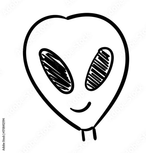 Fototapeta Smiling Extraterrestrial Sketch: A simple, cartoonish illustration of a friendly alien with a heart-shaped head and large, expressive eyes. Simple and inviting, ideal for playful themes.