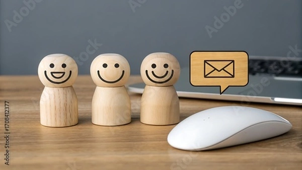 Fototapeta Three wooden figures with smiling faces next to a laptop and mouse, with an email icon, symbolizing communication and positive connection
