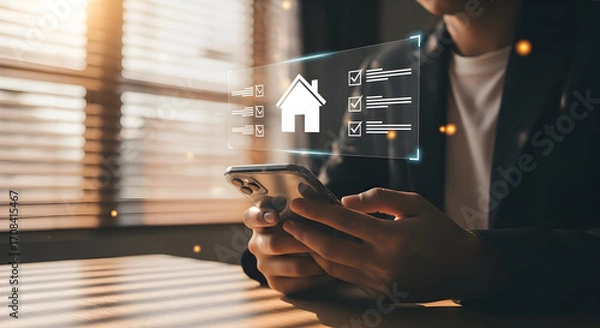 Obraz Businesswoman Using Smartphone with Digital Home Management Icons Overlaid in Modern Office Setting for Smart Home Control and Technology Integration