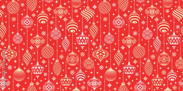 Fototapeta Beautiful Red Christmas pattern with ornaments. Xmas wrapping paper concept. Full Vector Design