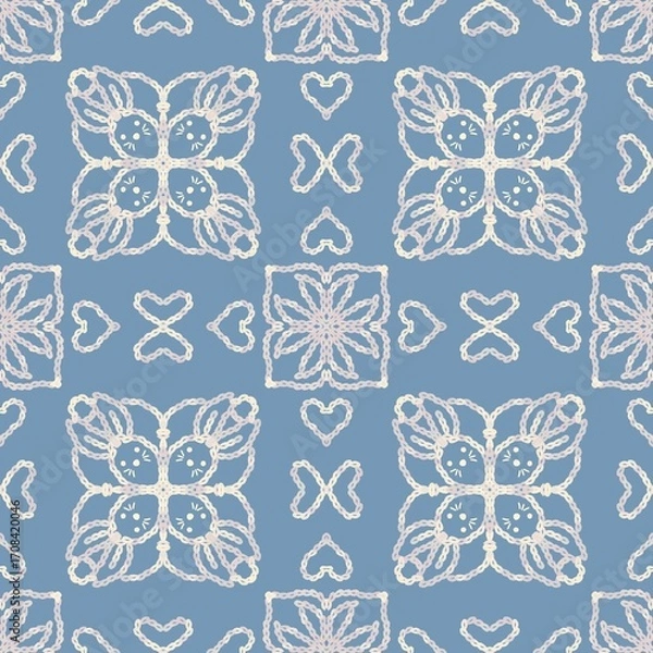 Fototapeta Rabbit  Crochet Lace Seamless Pattern, Hand Drawn Knitting Textile Design on Blue Background