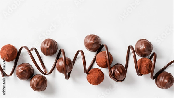 Fototapeta Delicious chocolate truffles arranged artistically on a white surface