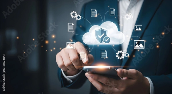Fototapeta Businessman interacting with cloud computing technology on smartphone representing data security and digital transformation in modern enterprise