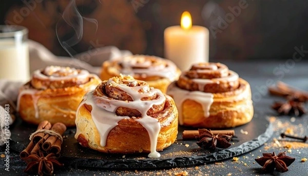 Fototapeta cinnamon roll and crhistmas candles