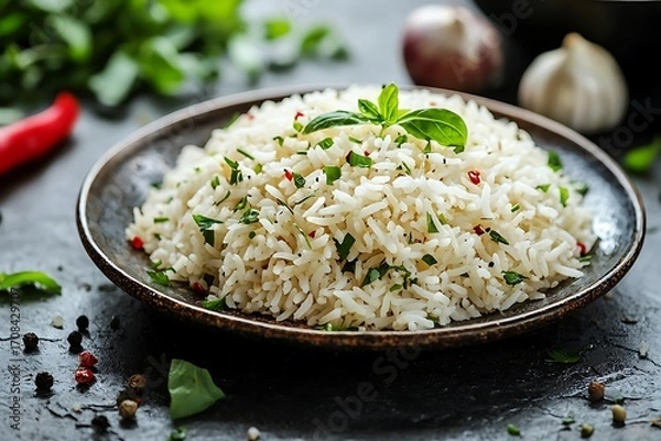 Obraz Rustic culinary style fresh herbs topping aromatic basmati rice bowl high resolution picture