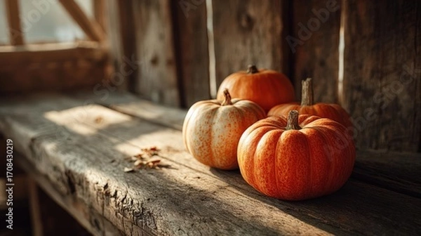 Fototapeta Apples and pumpkins rest on aged wood, highlighted by soft sunlight filtering through