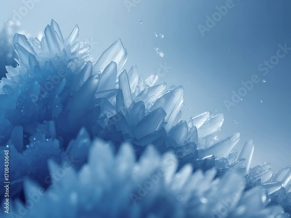 Fototapeta Macro photograph of translucent blue ice crystals forming intricate geometric structures with water droplets Keywords: ice, crystals, blue, macro, close-up, translucent, geometric, structure