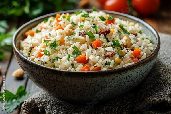 Obraz Rustic healthy rice salad topped with fresh vegetables high resolution picture