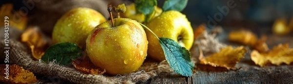 Fototapeta Golden apples lie amidst autumn leaves on a rustic table, bathed in gentle natural light