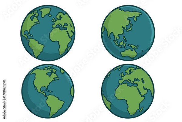 Fototapeta Varied Earth Globe Vector Icons, Minimalist Artistic Style Cartoon Illustrations with Transparent Background, World Map Representations Showing Continents, Oceans, Global Sphere Set