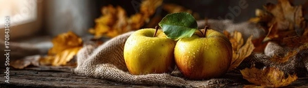 Fototapeta Golden apples lie amidst autumn leaves on a rustic table, bathed in gentle natural light