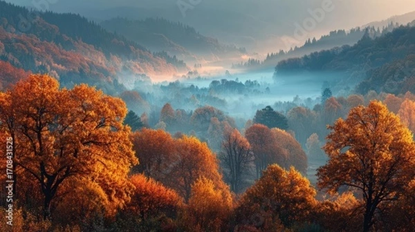 Fototapeta Golden autumn treetops, fiery colors, serene mist elevating as day breaks