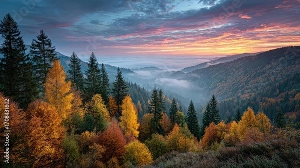 Fototapeta Golden autumn treetops, fiery colors, serene mist elevating as day breaks
