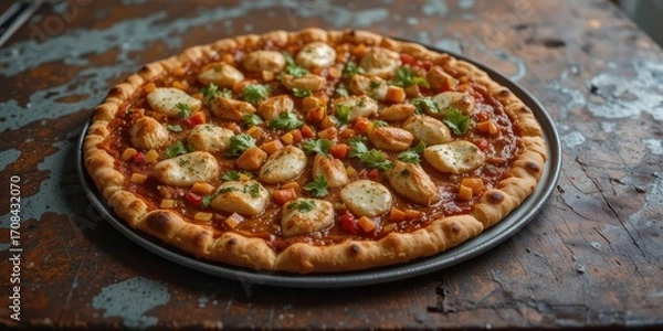 Fototapeta Chicken Fajita Pizza on a Weathered Metal Surface, Nostalgic and Rustic Charm