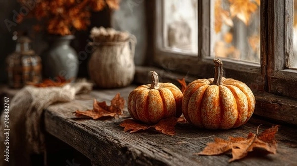 Fototapeta Rustic pumpkins mingle with dry leaves on a wooden table, softly lit by a window