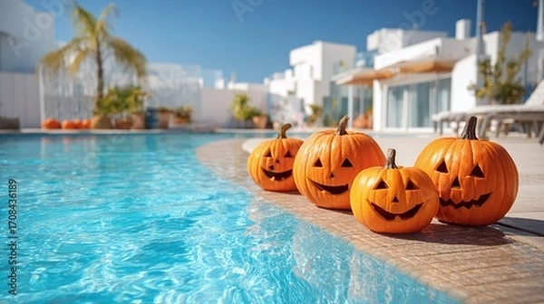Fototapeta Halloween pumpkins poolside. Bright, carved pumpkins create a festive holiday atmosphere near a modern pool. Sunny, vacation vibes with a spooky twist.