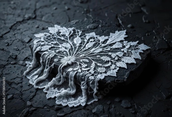 Fototapeta Ethereal White Lace Design Cast Upon a Rough Black Stone Surface   Gothic Style, Shadow Play, Moody and Atmospheric Setting