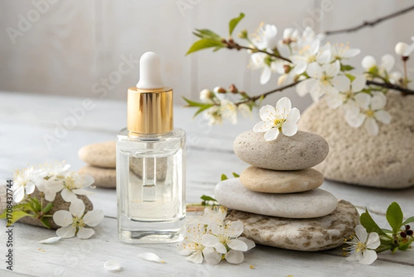 Fototapeta Glass bottle of cosmetic cream or lotion with golden cap, placed on stacked stones and decorated with white flowers. Natural skincare product presentation with minimalistic spa composition.