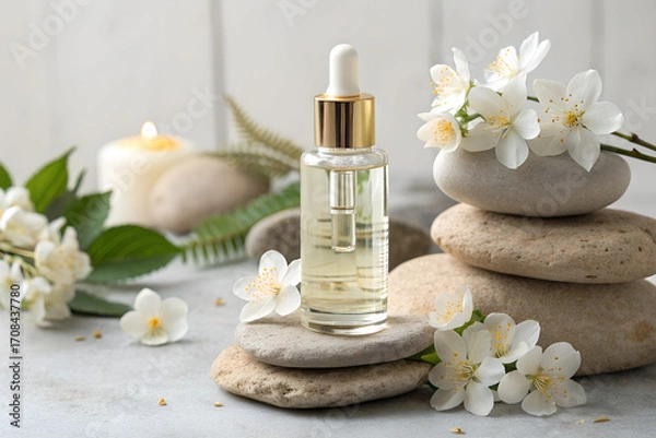 Fototapeta Glass bottle of cosmetic cream or lotion with golden cap, placed on stacked stones and decorated with white flowers. Natural skincare product presentation with minimalistic spa composition.