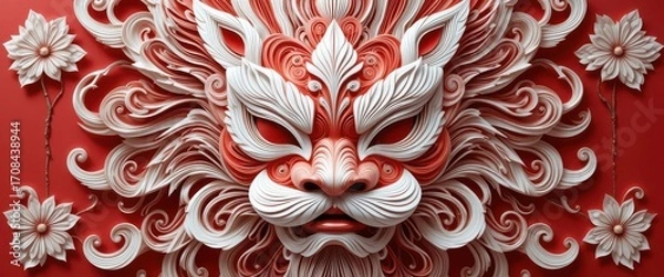 Fototapeta Paper Lion Mask Art   Layered Papercut Design on Red | Delicate   Detailed Craftsmanship